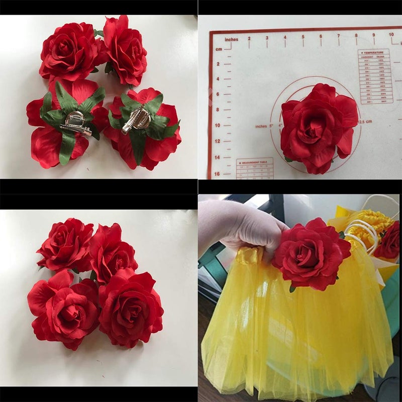 Sanrich 4pcs/pack Fabric Rose Hair Flowers Clips Mexican Hair Flowers Hairpin Brooch Headpieces (red) - Image 5